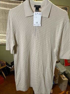 NWT H&M Men's Beige V-Neck Zip Polo Sweater Sz Small